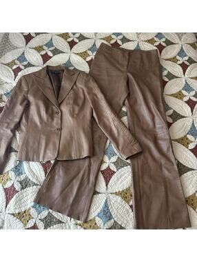 Vintage Penta brown 100% real leather woman’s pants suit Size 8 rare statement